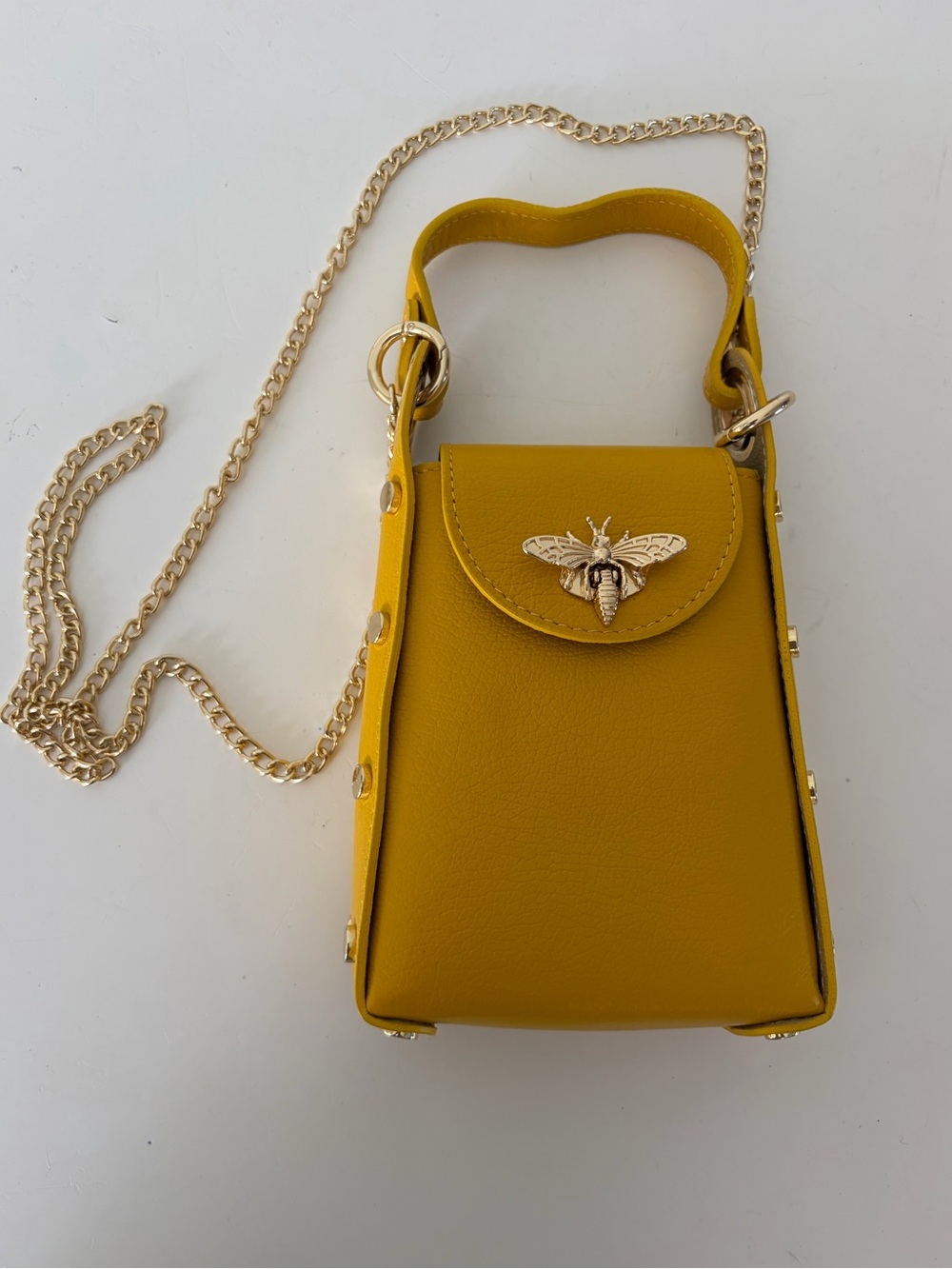Borse In Pelle Made in Italy Genuine Leather Mustard Yellow Bee Mini Crossbody